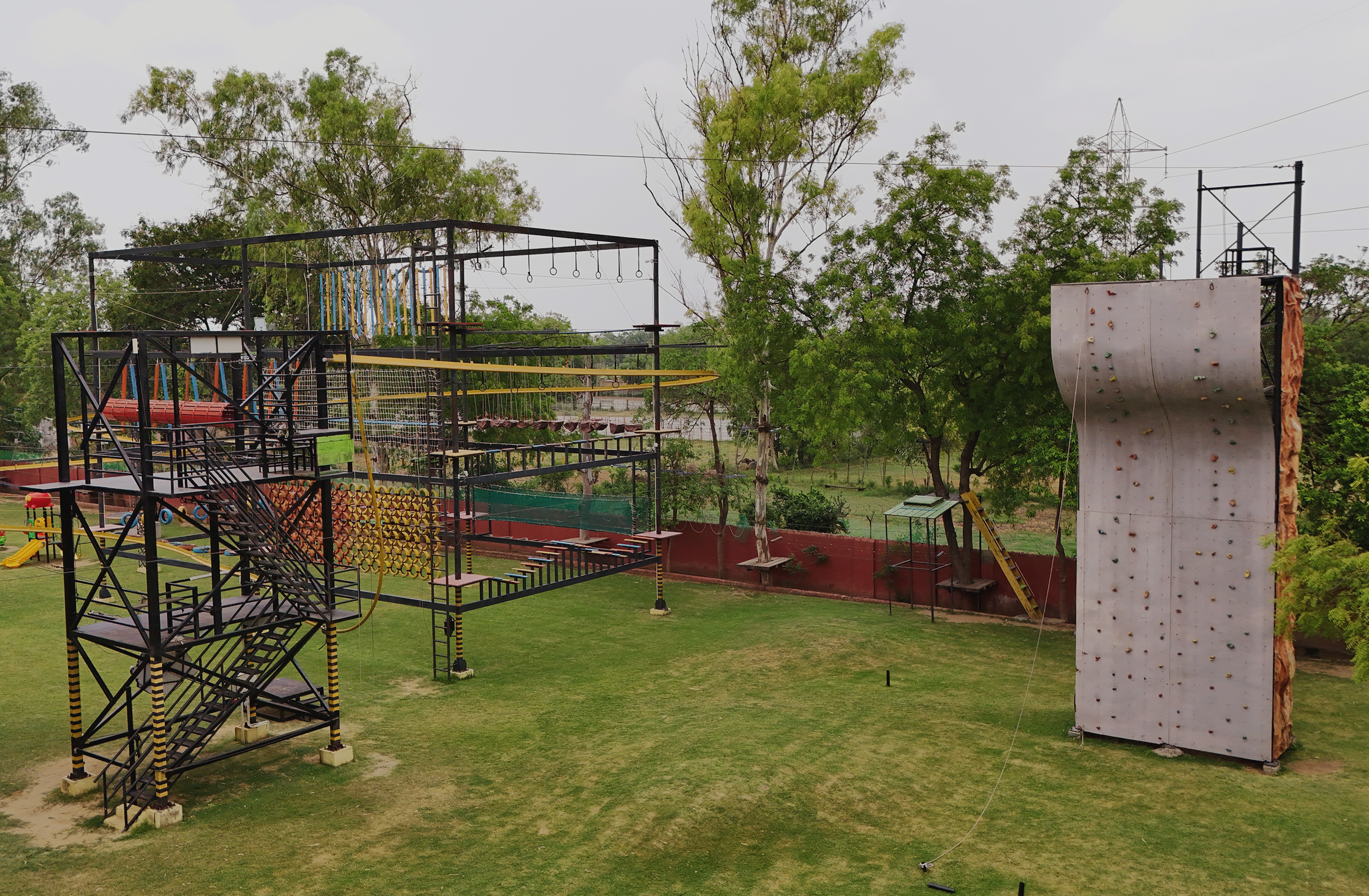 Drone view of vertical adventure challenges at Roadies Rostel ARC Resort near Ahmedabad