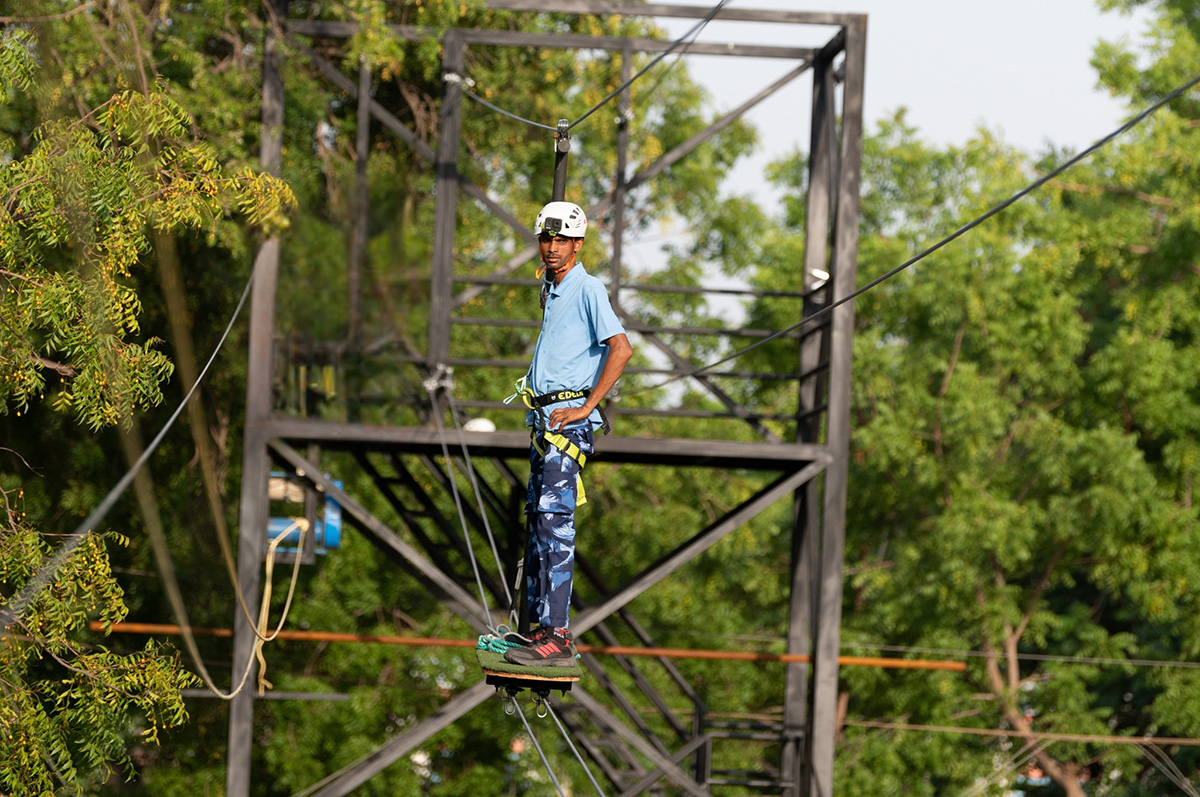 Skateboard zipline ride for adventure lovers at Roadies Rostel ARC Resort near Ahmedabad