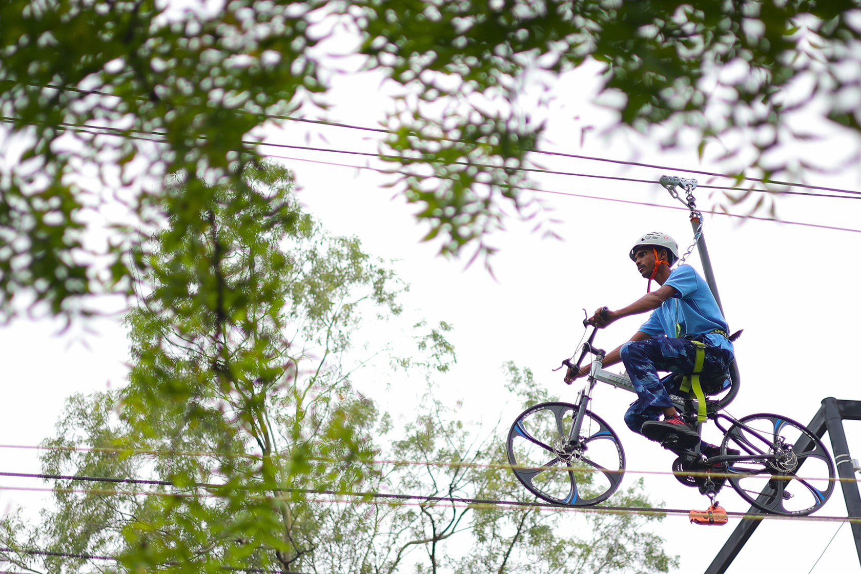 Sky cycle zipline adventure ride at Roadies Rostel ARC Resort near Ahmedabad