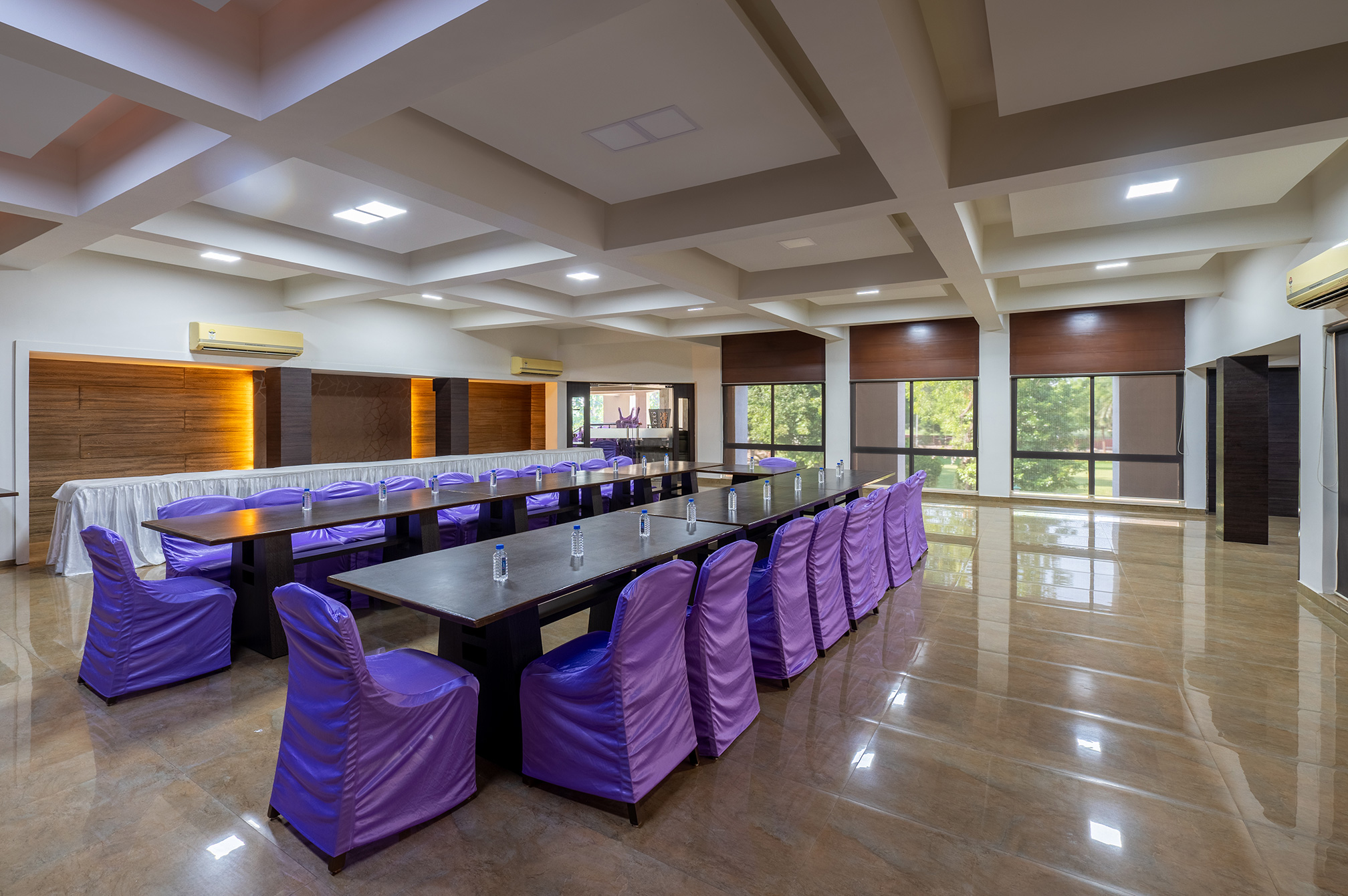 Elegant banquet setup at Samyati inside Roadies Rostel ARC Resort, perfect for events and celebrations near Ahmedabad.