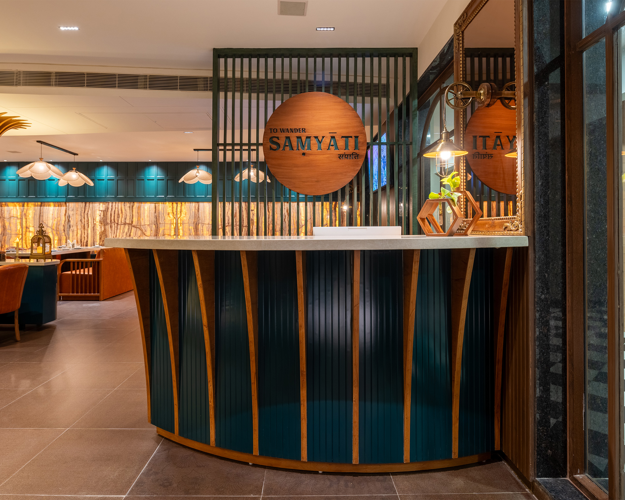 Front view of Samyati restaurant at Roadies Rostel ARC Resort Ahmedabad, showcasing the name signage and welcoming entrance at one of the best resorts near Ahmedabad.