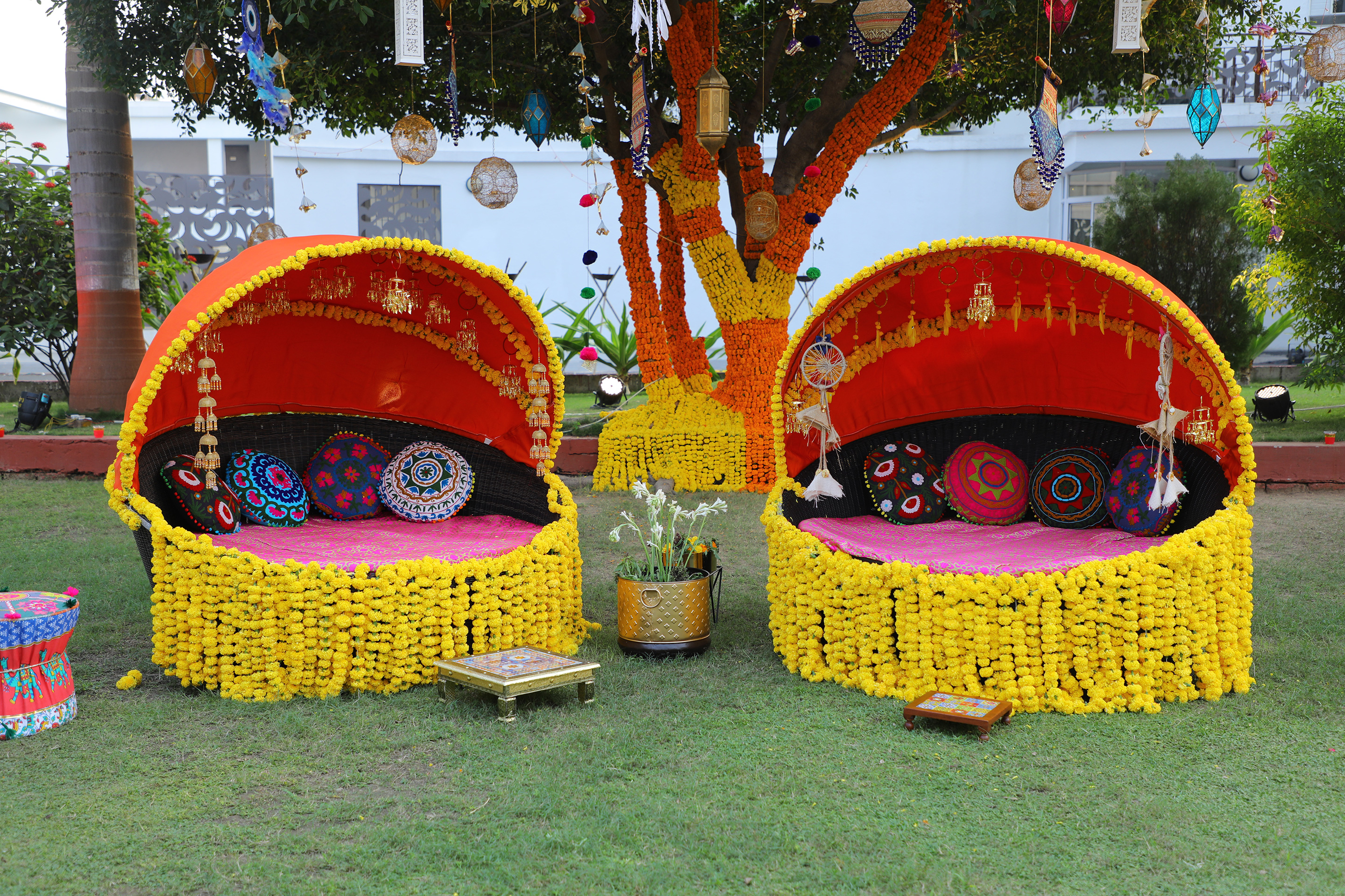 Vibrant haldi ceremony setup at celebration venue near Ahmedabad at Roadies Rostel ARC Resort