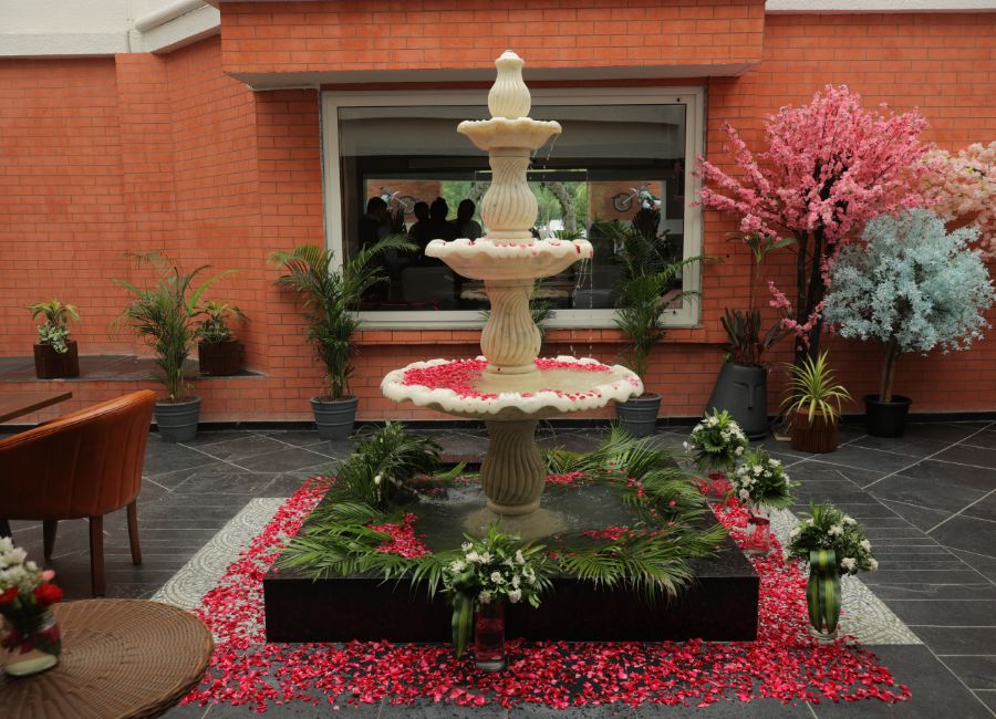 Neer Courtyard fountain side event area at Roadies Rostel ARC Resort near Ahmedabad