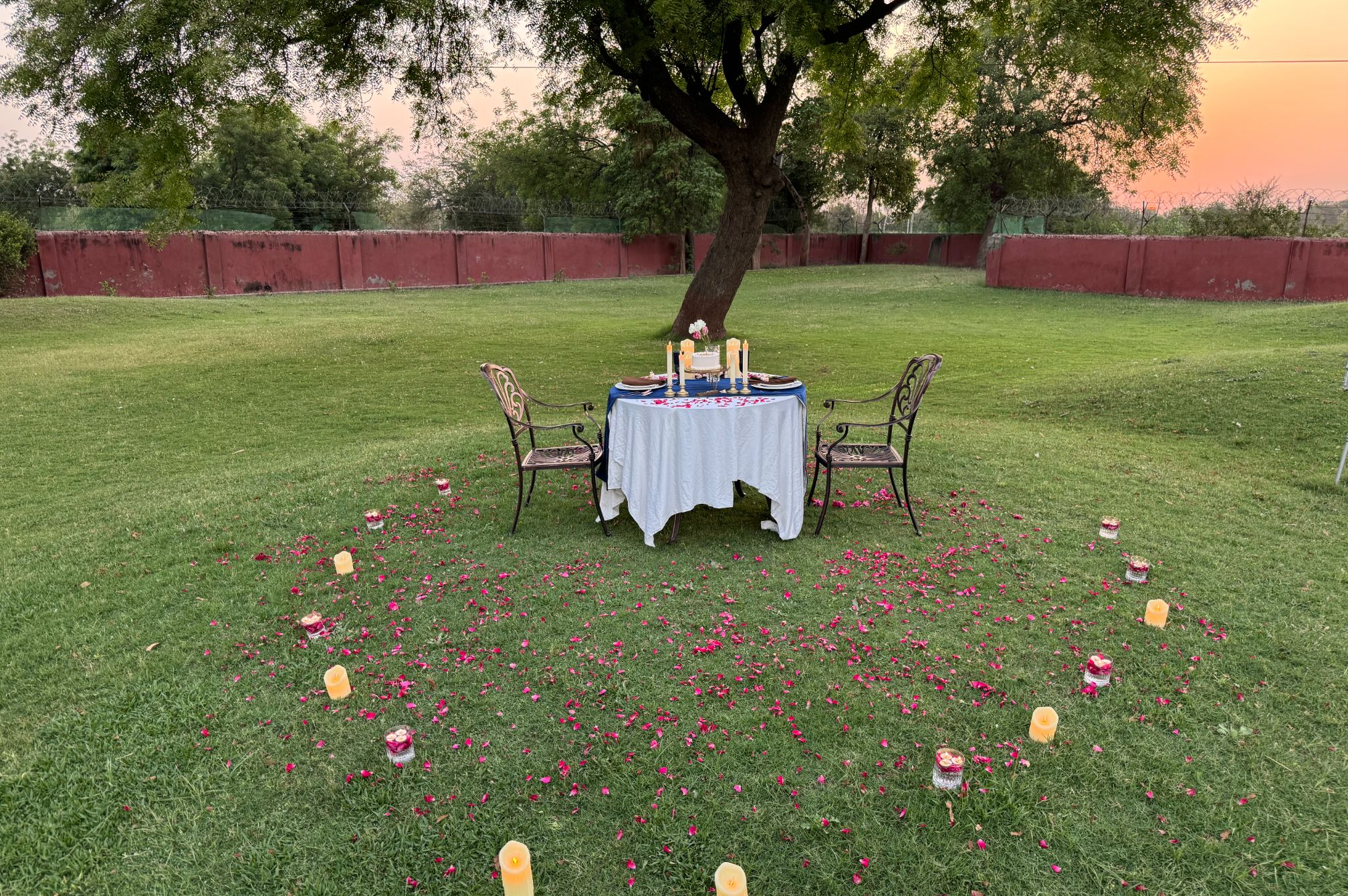 Romantic dinner setup under a tree with circular candle decor at dusk