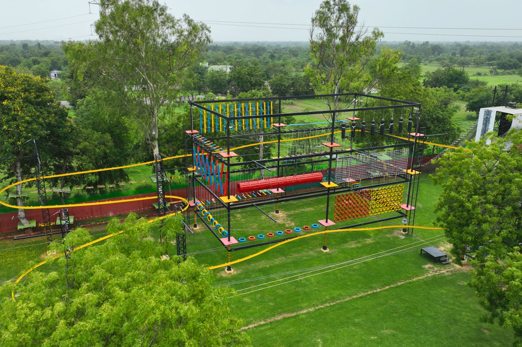 Three-floor rope course adventure setup at Roadies Rostel ARC Resort near Ahmedabad perfect for thrill seekers