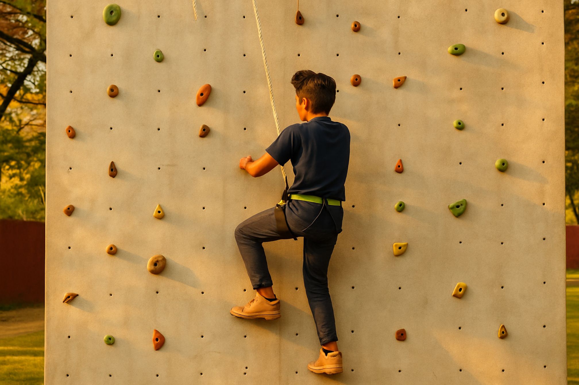 Boy climbing rock wall during sunset at Roadies Rostel ARC Resort, adventure park near Ahmedabad for family and group fun.