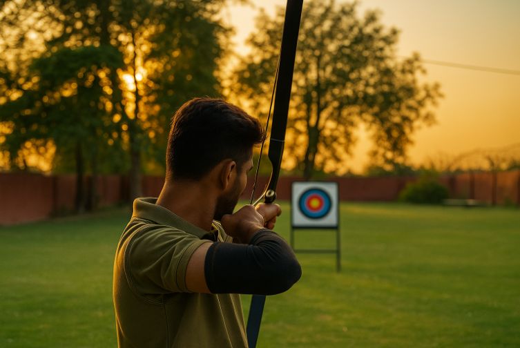 Man aiming at archery target during sunset at Roadies Rostel adventure resort