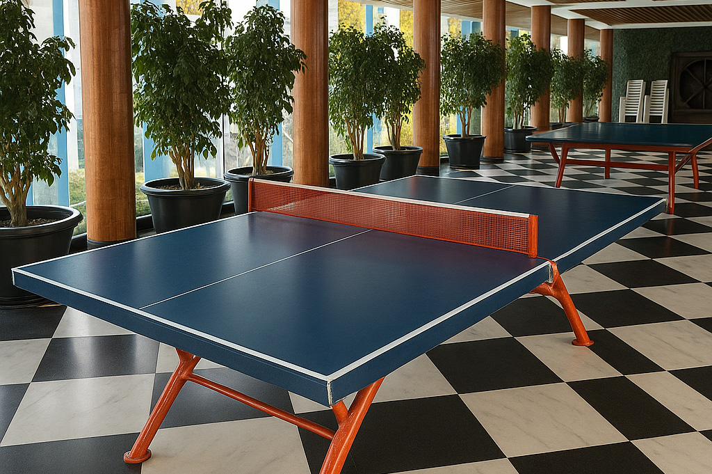 Table tennis setup in indoor game area at Roadies Rostel ARC Resort Ahmedabad