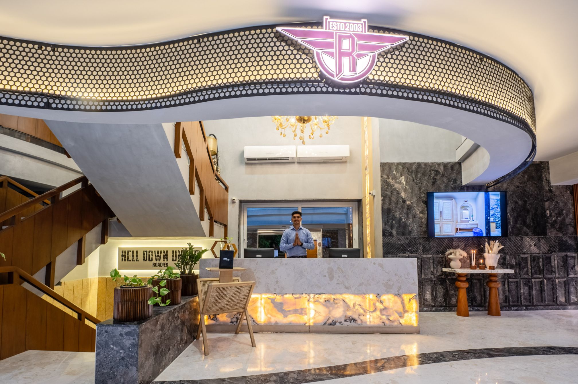 Grand reception lobby at Roadies Rostel ARC Resort, welcoming guests for events and special celebrations
