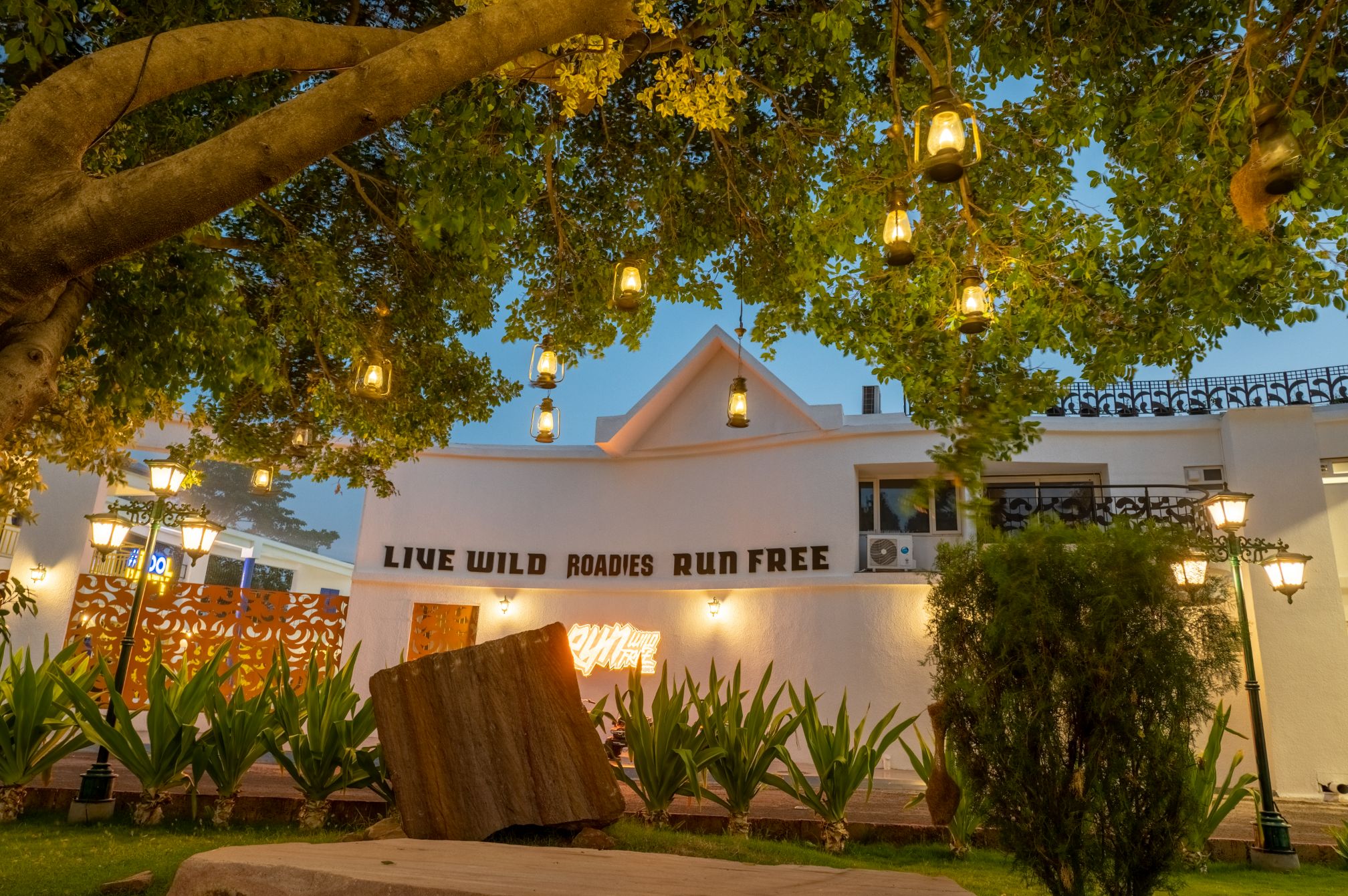Scenic evening view with 'Love Wild' sign and hanging lights, perfect for outdoor parties at Roadies Rostel