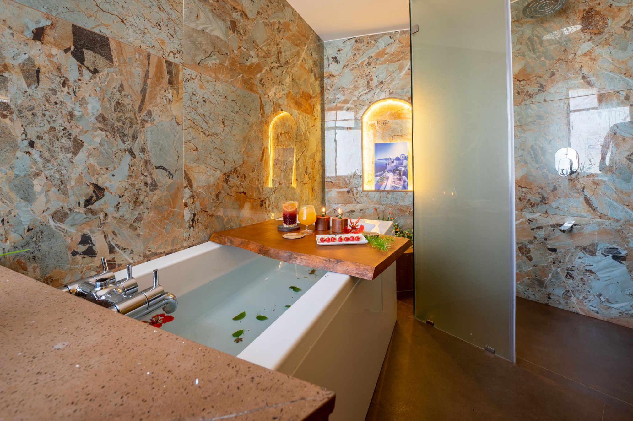 Luxury bathtub experience in the Superior Room at Roadies Rostel, available as a romantic celebration add-on