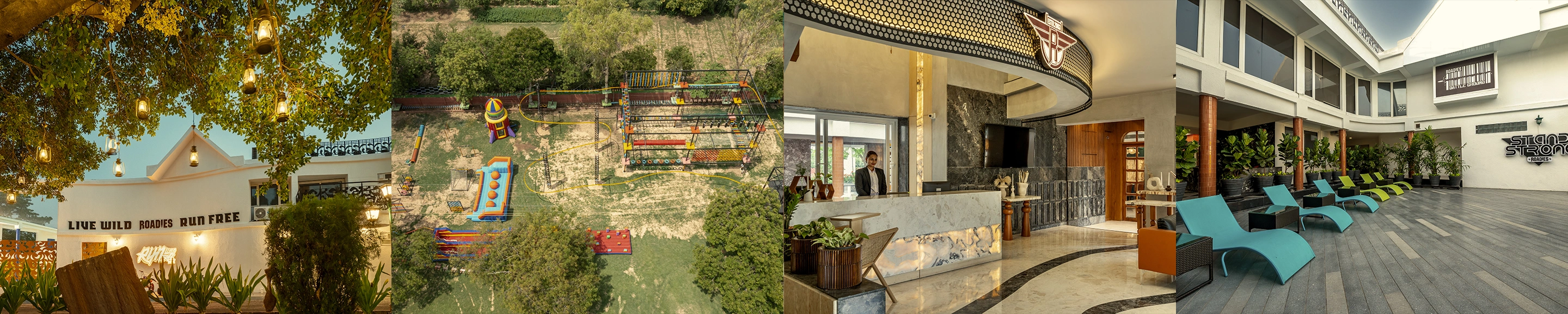 Modern indoor lounge with vibrant orange sofas and scenic garden view at Roadies Rostel ARC Resort, ideal for guest arrivals and relaxed conversations